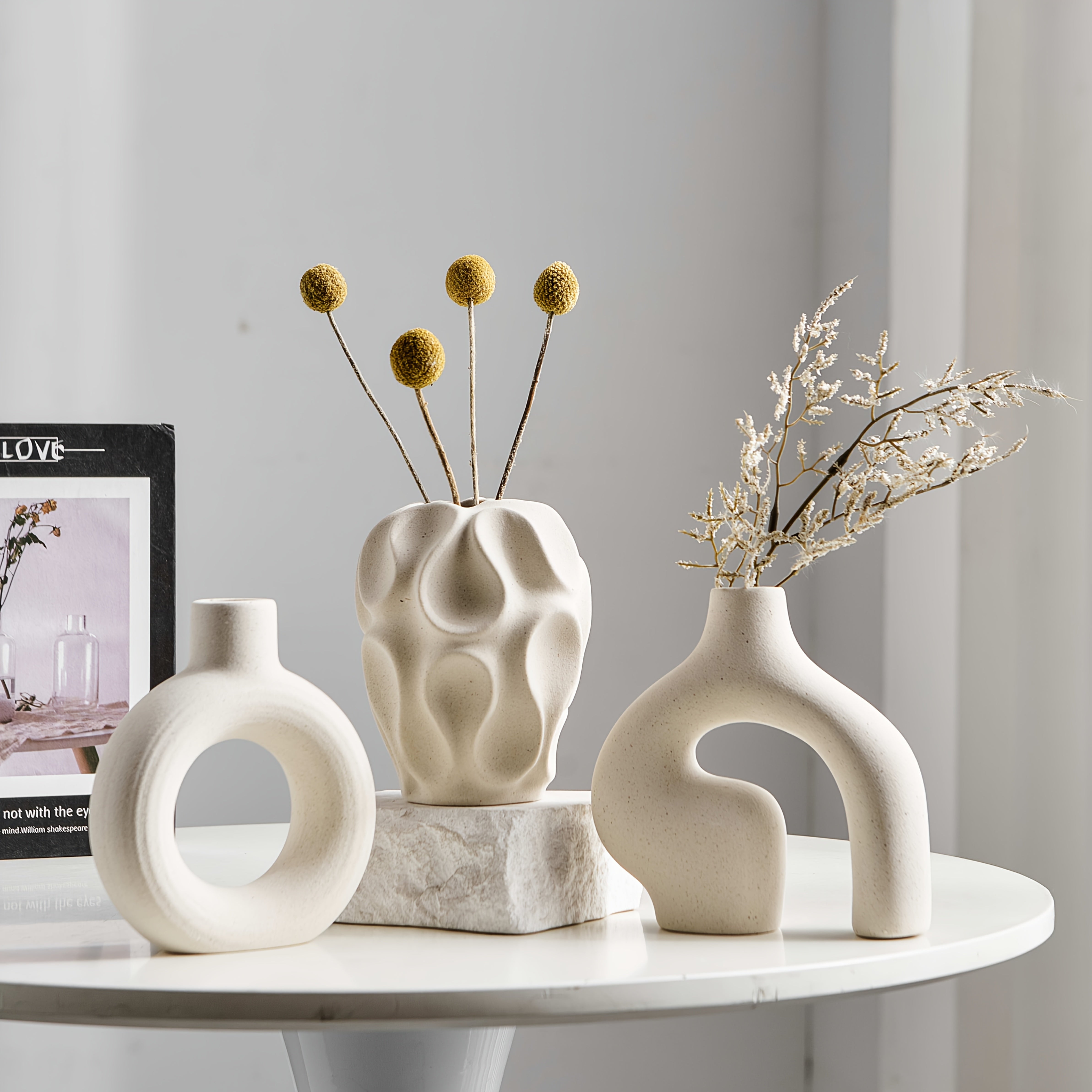 Minimalistisches Boho Vasen Set - 3 Stück Geometrische Keramik in Weiß für Elegante Wohnräume 2
