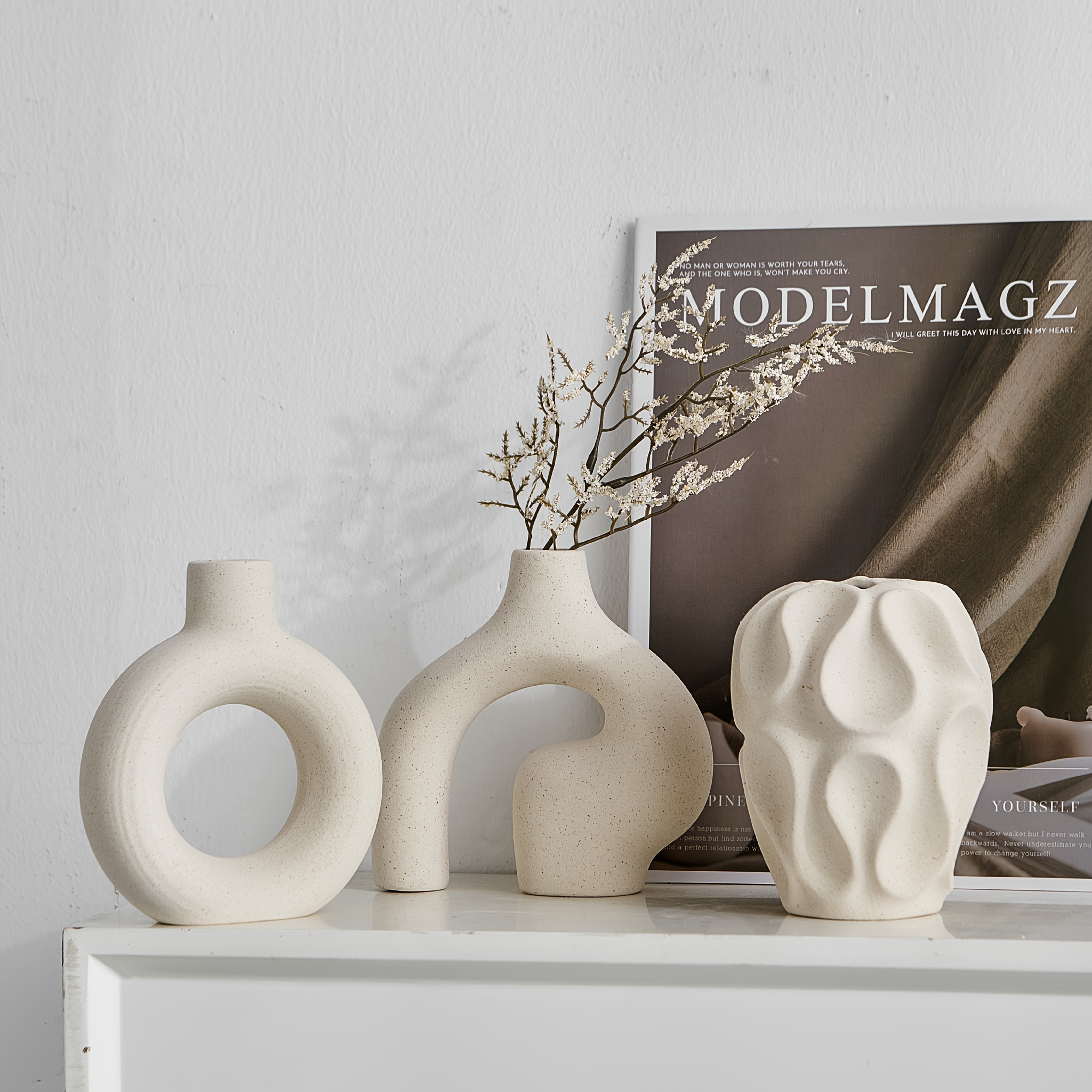 Minimalistisches Boho Vasen Set - 3 Stück Geometrische Keramik in Weiß für Elegante Wohnräume 6
