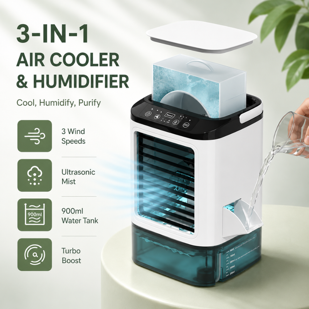 Mobiler Mini Luftkühler USB mit Luftbefeuchter 3 Geschwindigkeiten 900ml Wassertank LED Nachtlicht