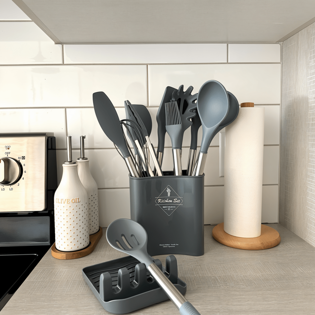 Modernes 12-Teiliges Silikon Küchenutensilien Set - Hitzebeständige Edelstahlgriffe in Elegant Schwarz für Stilvolles Kochen 2