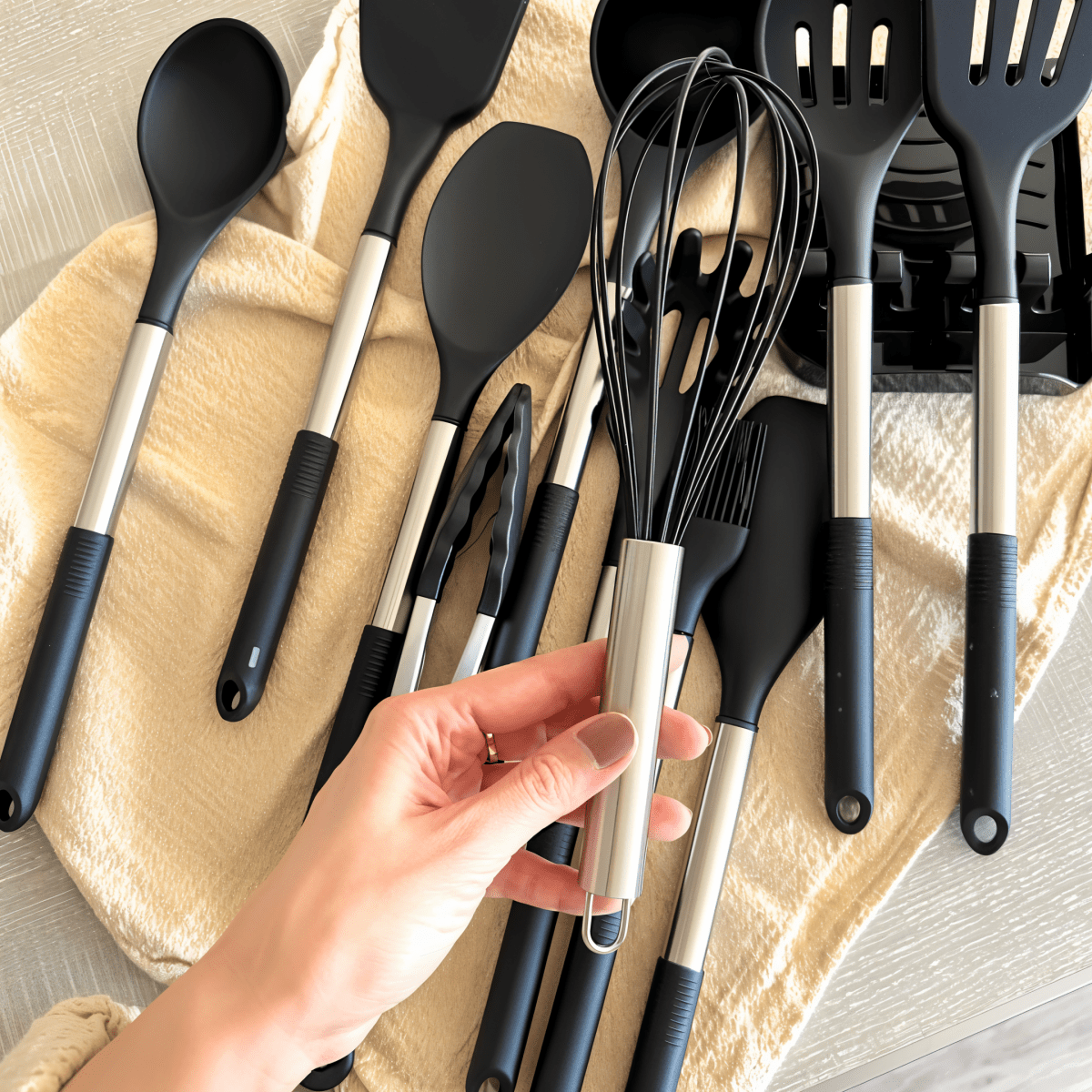 Modernes 12-Teiliges Silikon Küchenutensilien Set - Hitzebeständige Edelstahlgriffe in Elegant Schwarz für Stilvolles Kochen 6