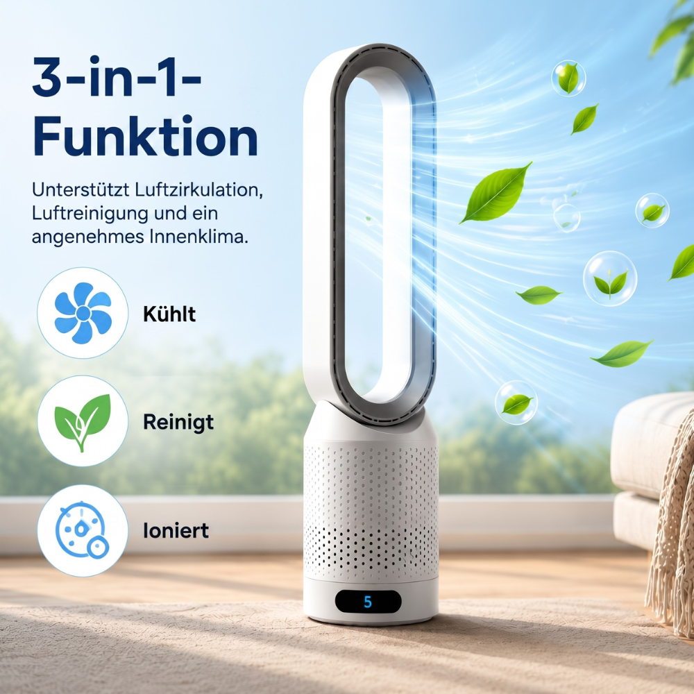 Flügelloser Turmventilator 3-in-1 – Leiser Luftkühler mit Luftreinigung & Ionisierung