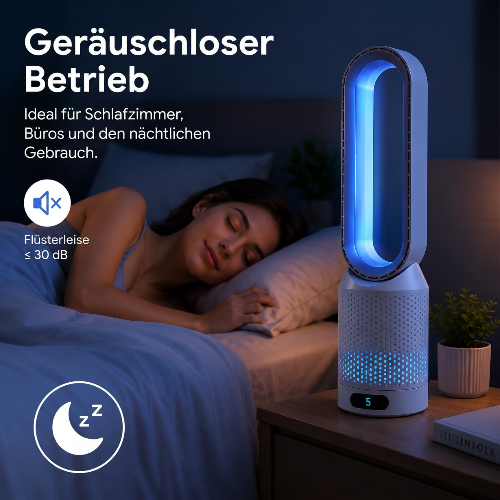 Flügelloser Turmventilator 3-in-1 – Leiser Luftkühler mit Luftreinigung & Ionisierung