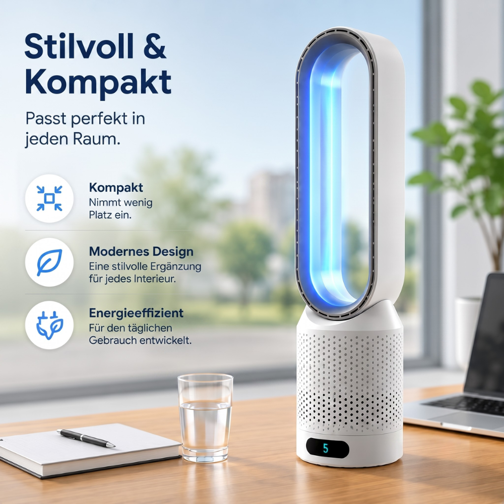 Flügelloser Turmventilator 3-in-1 – Leiser Luftkühler mit Luftreinigung & Ionisierung