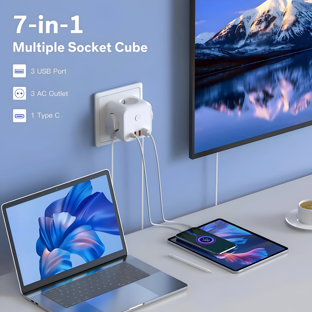 Multifunktionale 7-in-1 Steckdosenleiste mit Überspannungsschutz – 3 AC-Steckdosen, 3 USB-Ports und 1 Type-C-Ladehub für den Desktopgebrauch mit Überlastungsschutz