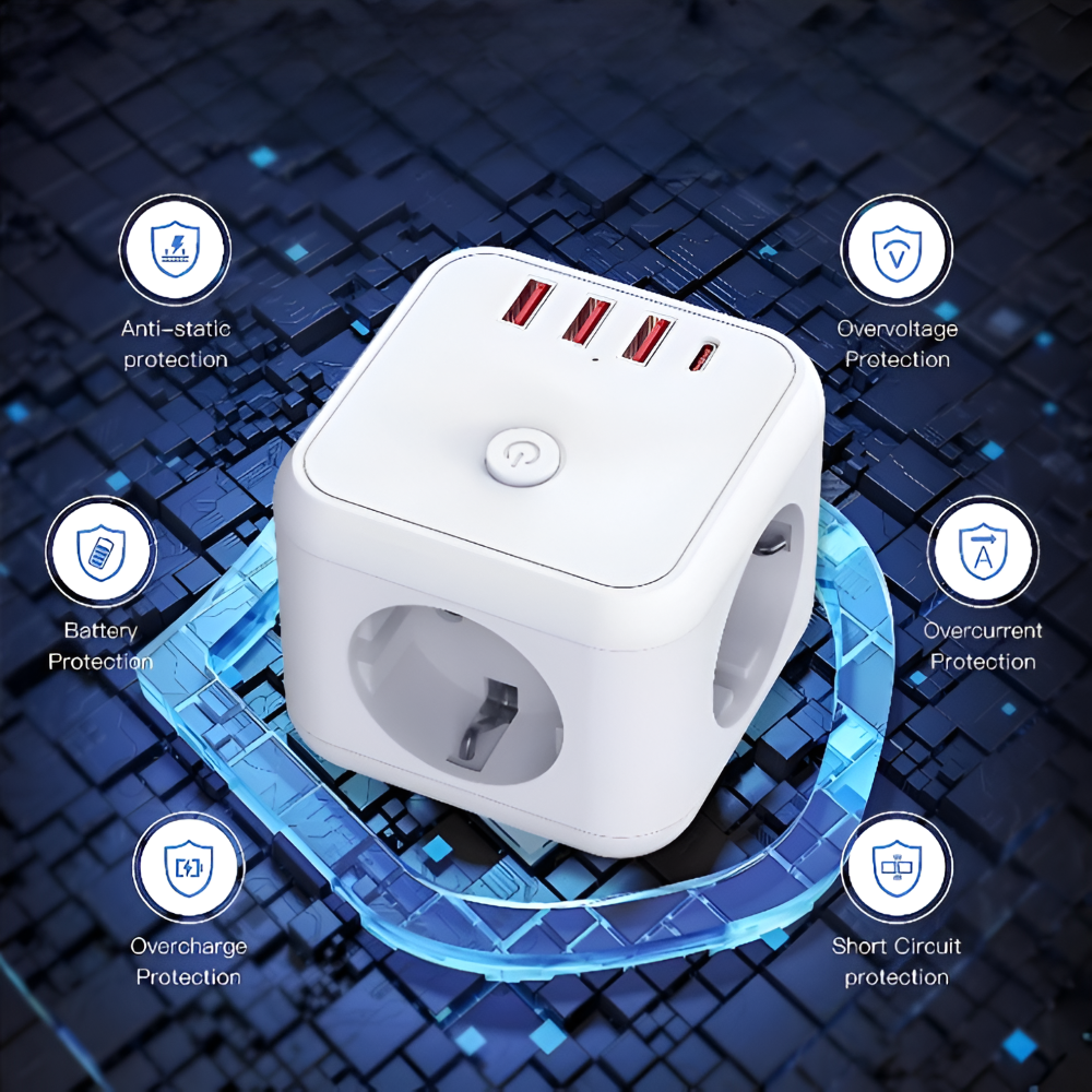Multifunktionale 7-in-1 Steckdosenleiste mit Überspannungsschutz – 3 AC-Steckdosen, 3 USB-Ports und 1 Type-C-Ladehub für den Desktopgebrauch mit Überlastungsschutz