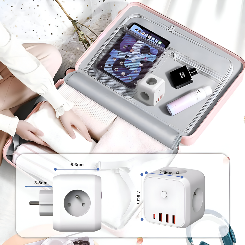 Multifunktionale 7-in-1 Steckdosenleiste mit Überspannungsschutz – 3 AC-Steckdosen, 3 USB-Ports und 1 Type-C-Ladehub für den Desktopgebrauch mit Überlastungsschutz