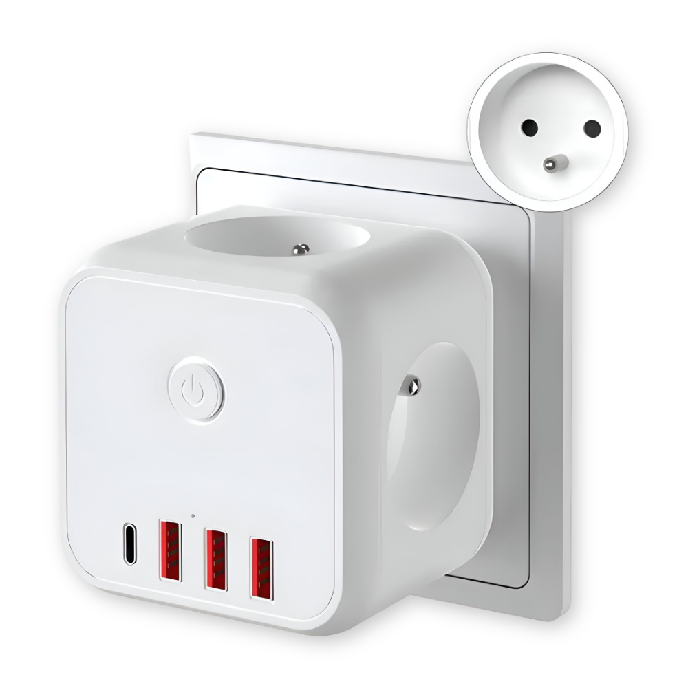 Multifunktionale 7-in-1 Steckdosenleiste mit Überspannungsschutz – 3 AC-Steckdosen, 3 USB-Ports und 1 Type-C-Ladehub für den Desktopgebrauch mit Überlastungsschutz