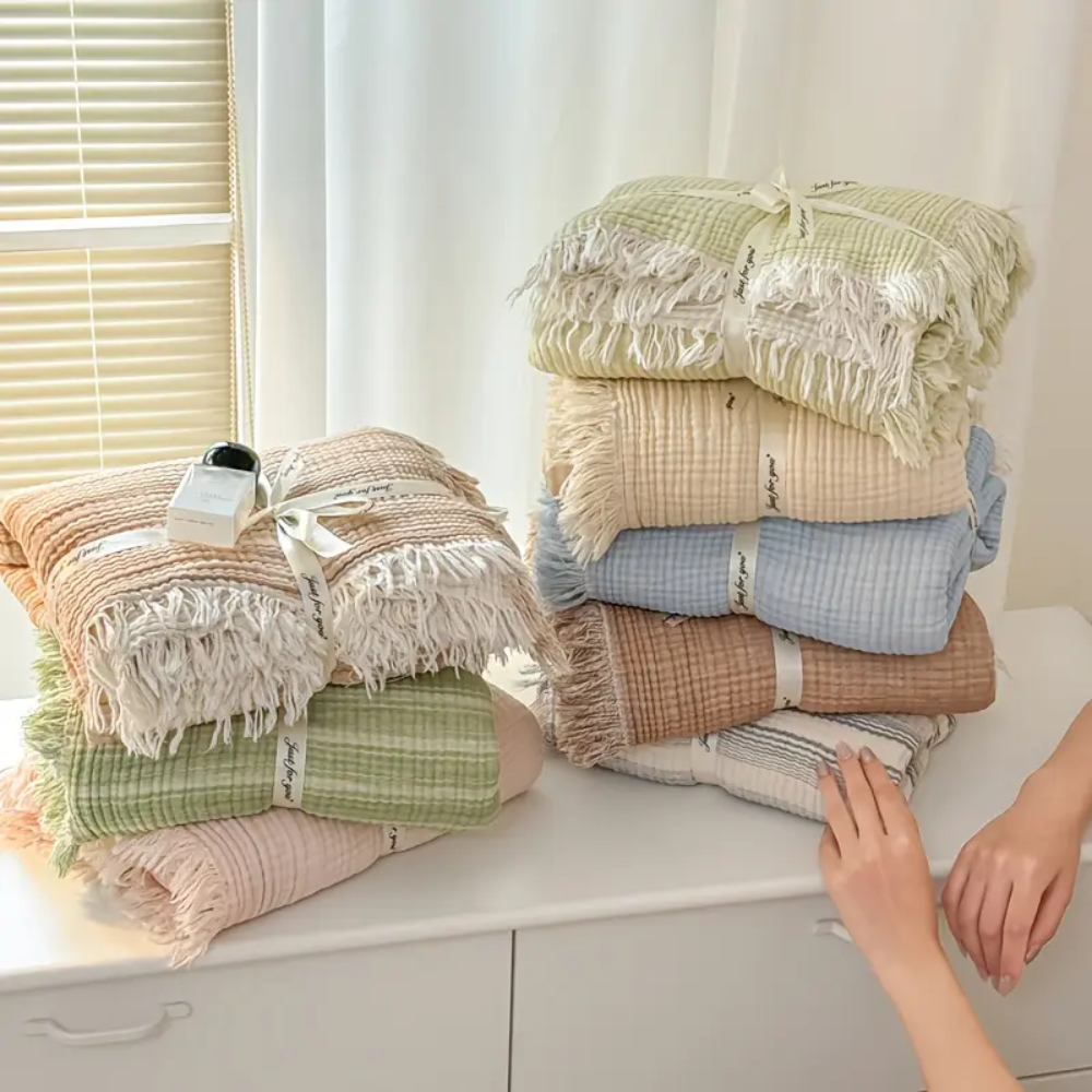 Leichte Baumwolldecke mit Fransen – Atmungsaktive Sofadecke Plaid für Couch, Bett & Wohnzimmer