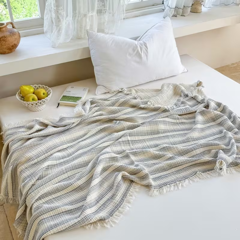 Leichte Baumwolldecke mit Fransen – Atmungsaktive Sofadecke Plaid für Couch, Bett & Wohnzimmer