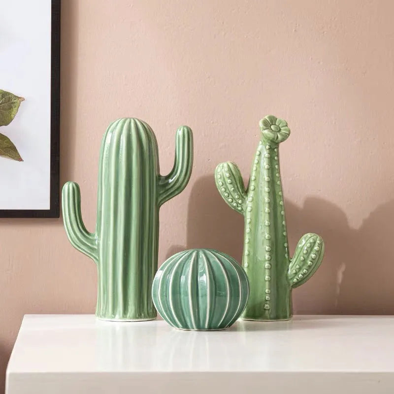 Nordic Handcrafted Ceramic Cactus Ornaments - Green Minimalist Decor for Living Room 0
