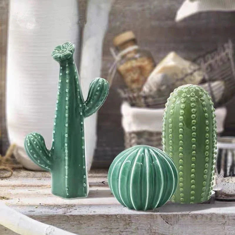 Nordic Handcrafted Ceramic Cactus Ornaments - Green Minimalist Decor for Living Room 1