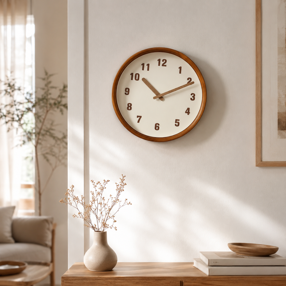 Nordische Wanduhr 30 cm – Leise Runde Holzoptik Uhr für Wohnzimmer, Schlafzimmer & Büro