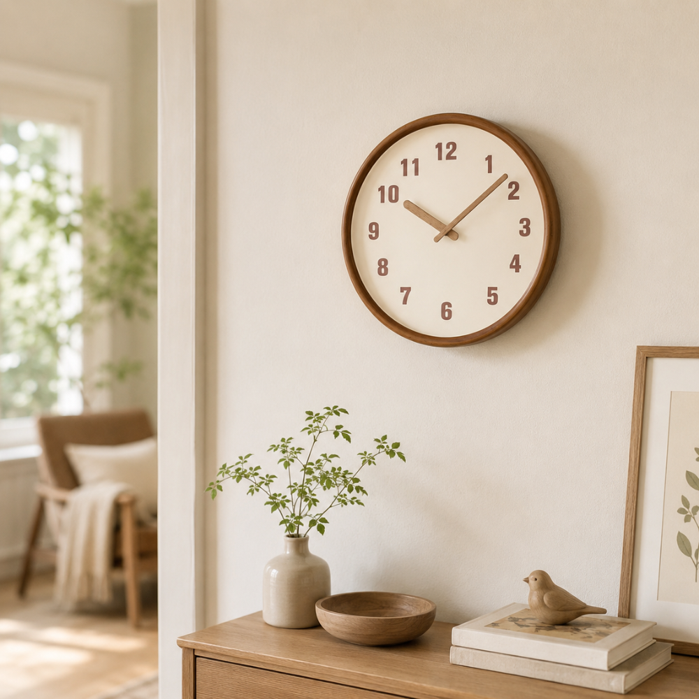 Nordische Wanduhr 30 cm – Leise Runde Holzoptik Uhr für Wohnzimmer, Schlafzimmer & Büro