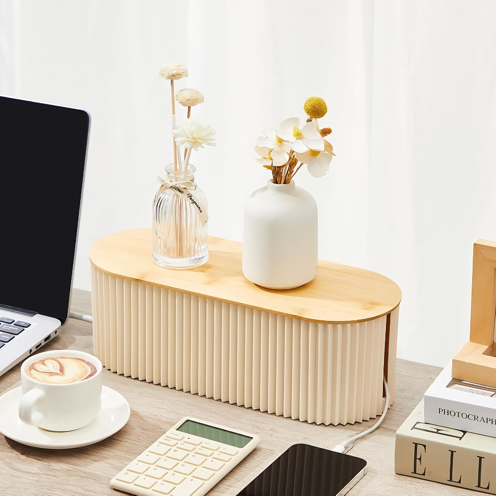Nordischer Kabelorganizer 33x13x11 cm – Elegante Kunststoff-Holz-Kabelbox für Ordnung im Wohnbereich