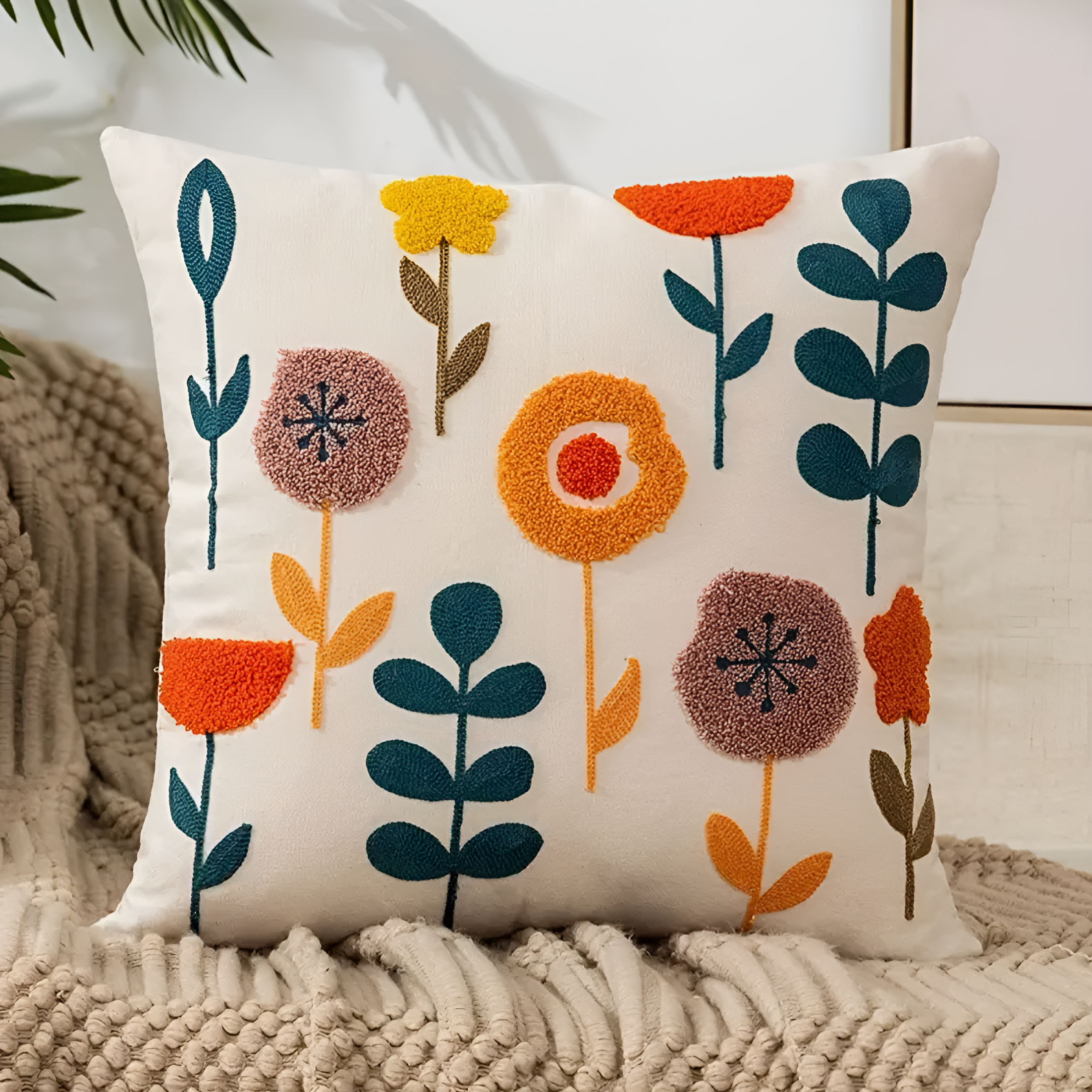 PillowFluff - Plüsch Floral bestickte Kissenabdeckung