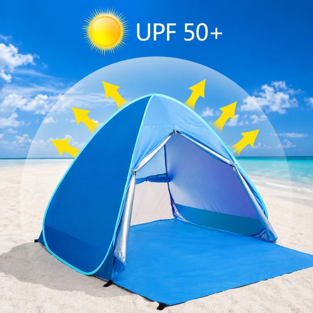 Pop-Up Strandmuschel für 2 Personen – Leichtes Strandzelt mit Sonnenschutz, Tragetasche & Heringen für Strand, Camping & Picknick