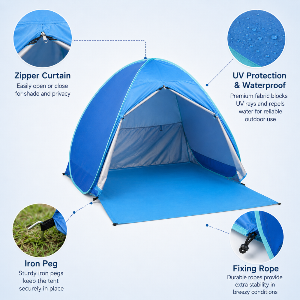 Pop-Up Strandmuschel für 2 Personen – Leichtes Strandzelt mit Sonnenschutz, Tragetasche & Heringen für Strand, Camping & Picknick