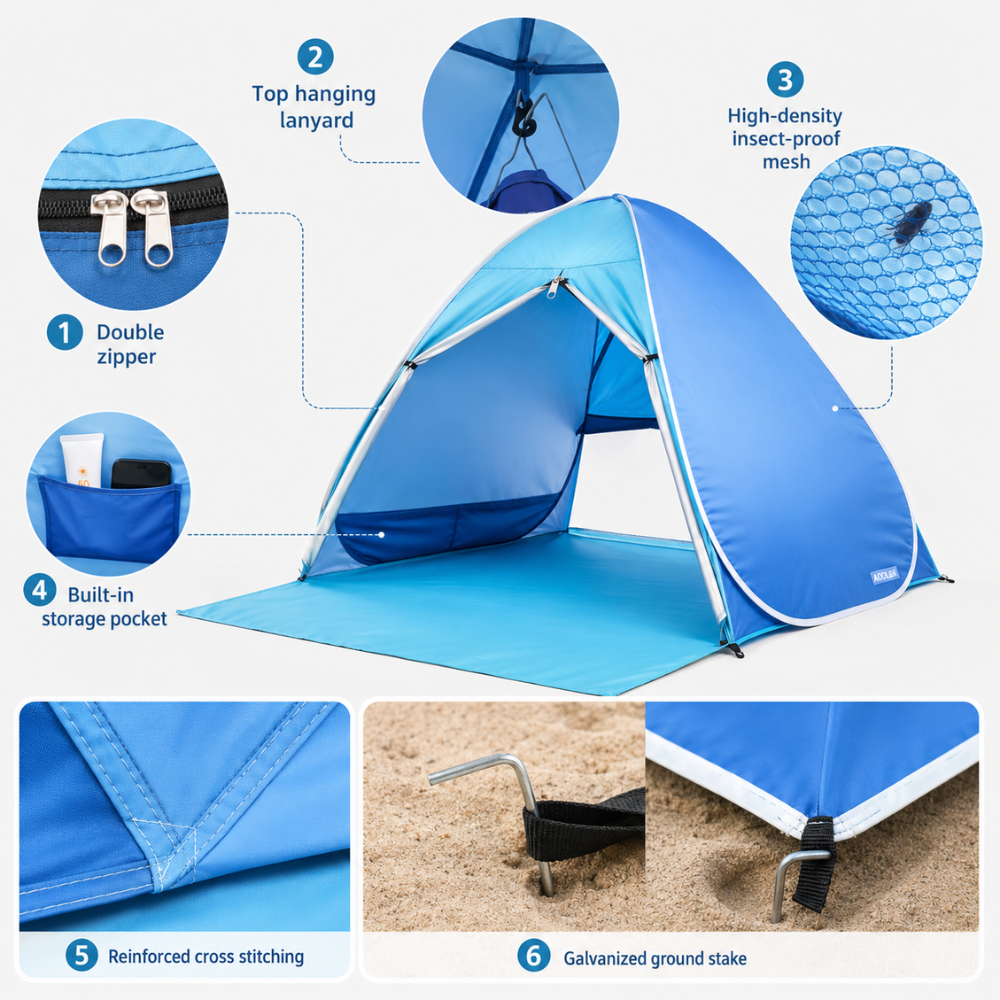 Pop-Up Strandmuschel für 2 Personen – Leichtes Strandzelt mit Sonnenschutz, Tragetasche & Heringen für Strand, Camping & Picknick