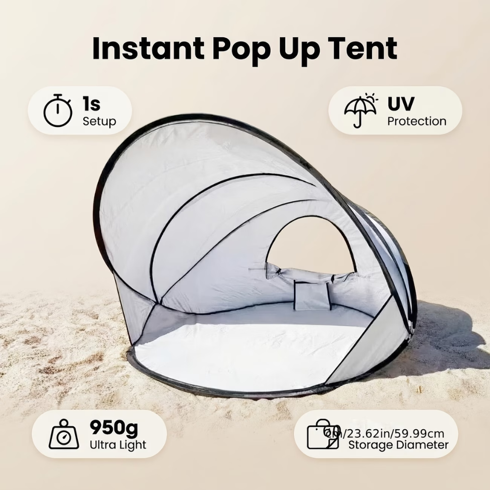 Pop-Up Strandmuschel für 2-3 Personen – Automatisches Strandzelt mit Sonnenschutz, Tragetasche, Heringen & Abspannseilen