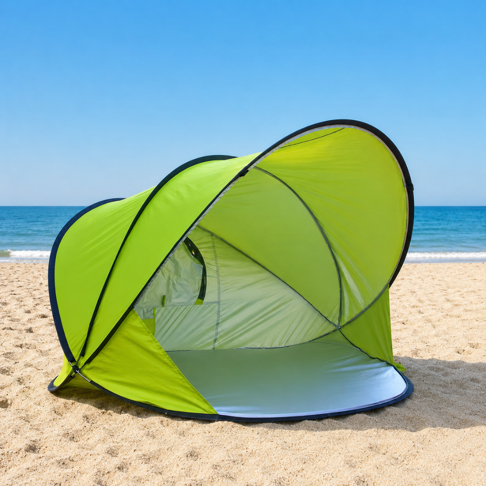 Pop-Up Strandmuschel für 2-3 Personen – Automatisches Strandzelt mit Sonnenschutz, Tragetasche, Heringen & Abspannseilen