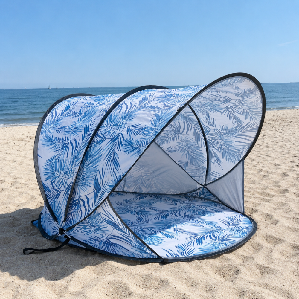 Pop-Up Strandmuschel für 2-3 Personen – Automatisches Strandzelt mit Sonnenschutz, Tragetasche, Heringen & Abspannseilen