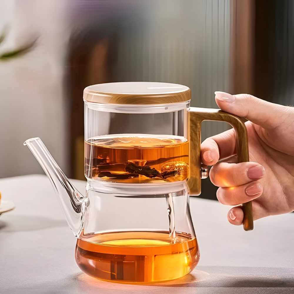 Premium Glasteekanne 760ml – Hitzebeständiges Borosilikatglas mit Magnet-Filtersystem & Holz-Finish
