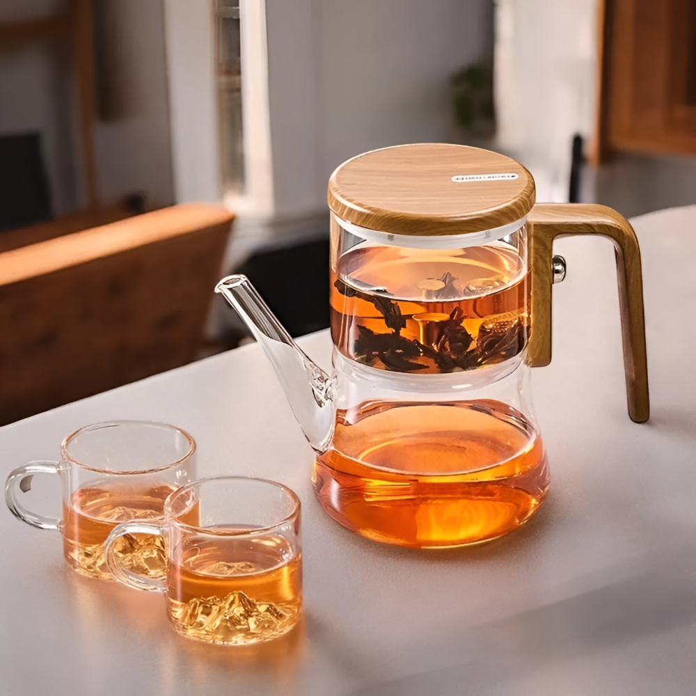 Premium Glasteekanne 760ml – Hitzebeständiges Borosilikatglas mit Magnet-Filtersystem & Holz-Finish