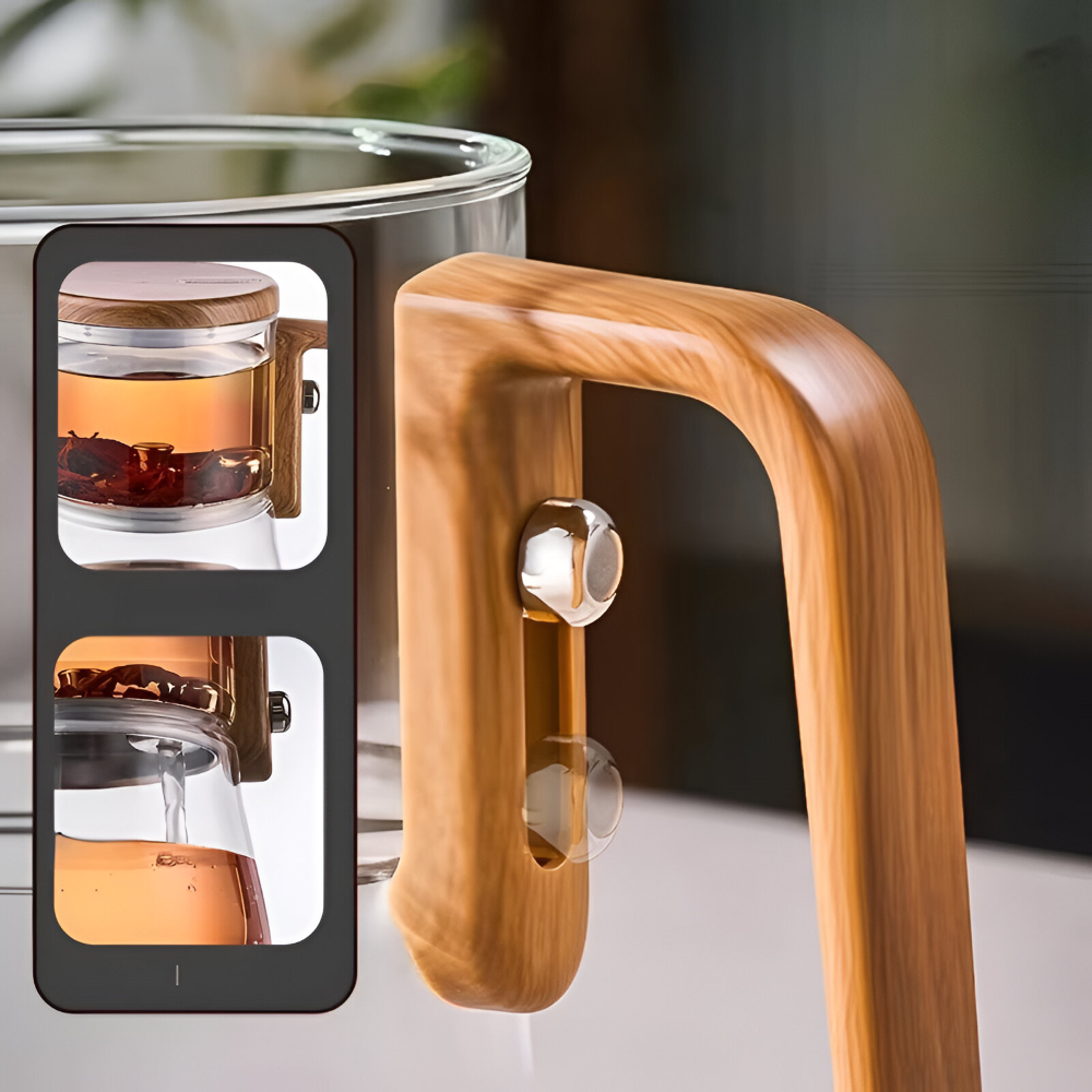 Premium Glasteekanne 760ml – Hitzebeständiges Borosilikatglas mit Magnet-Filtersystem & Holz-Finish
