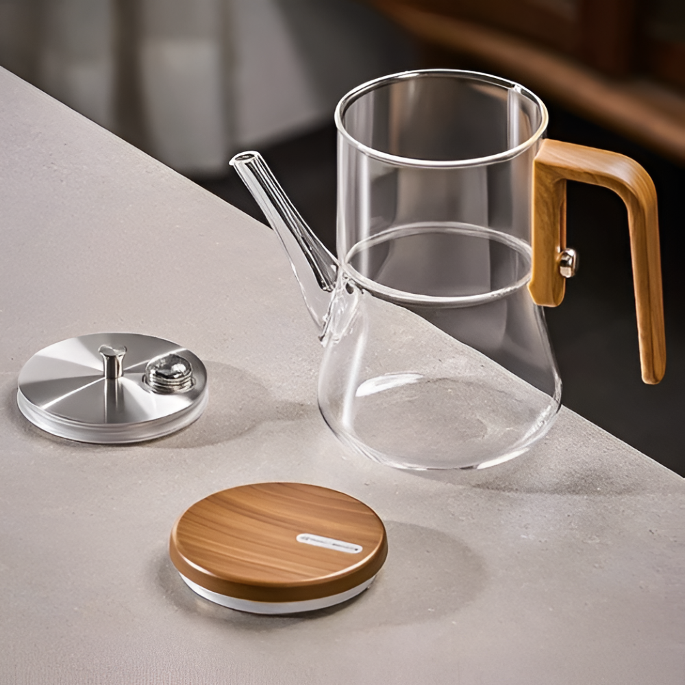 Premium Glasteekanne 760ml – Hitzebeständiges Borosilikatglas mit Magnet-Filtersystem & Holz-Finish