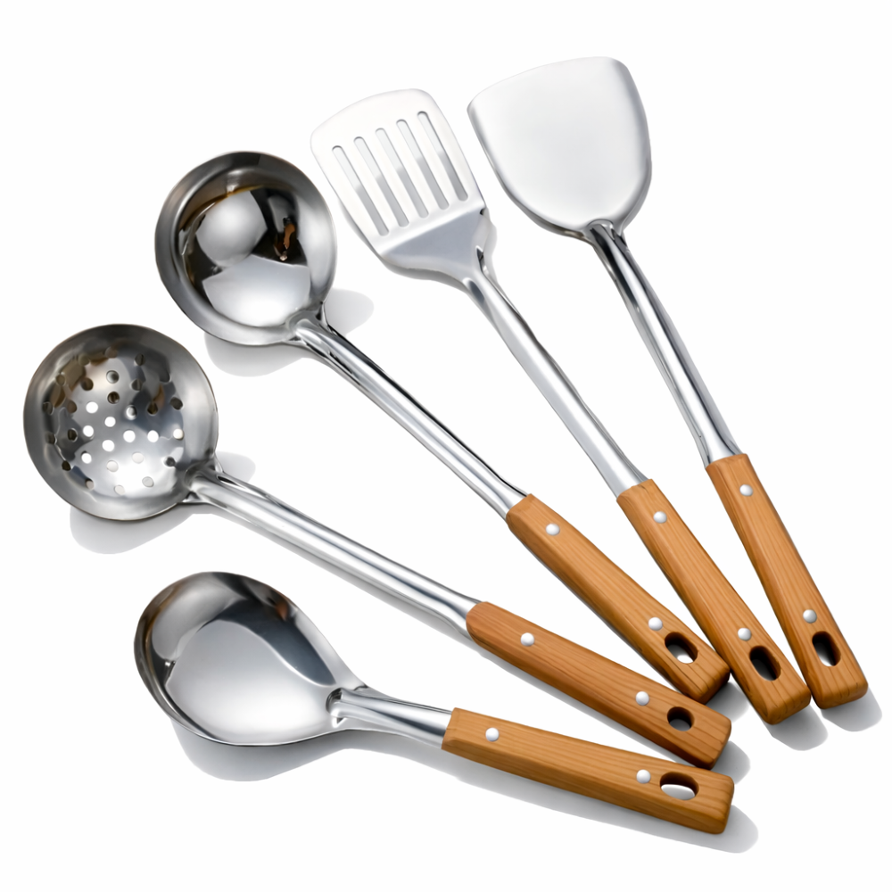 Premium Küchenutensilien Set - Edelstahl, mit Ergonomischen Holzgriffen - 5-teilig, Rostfrei