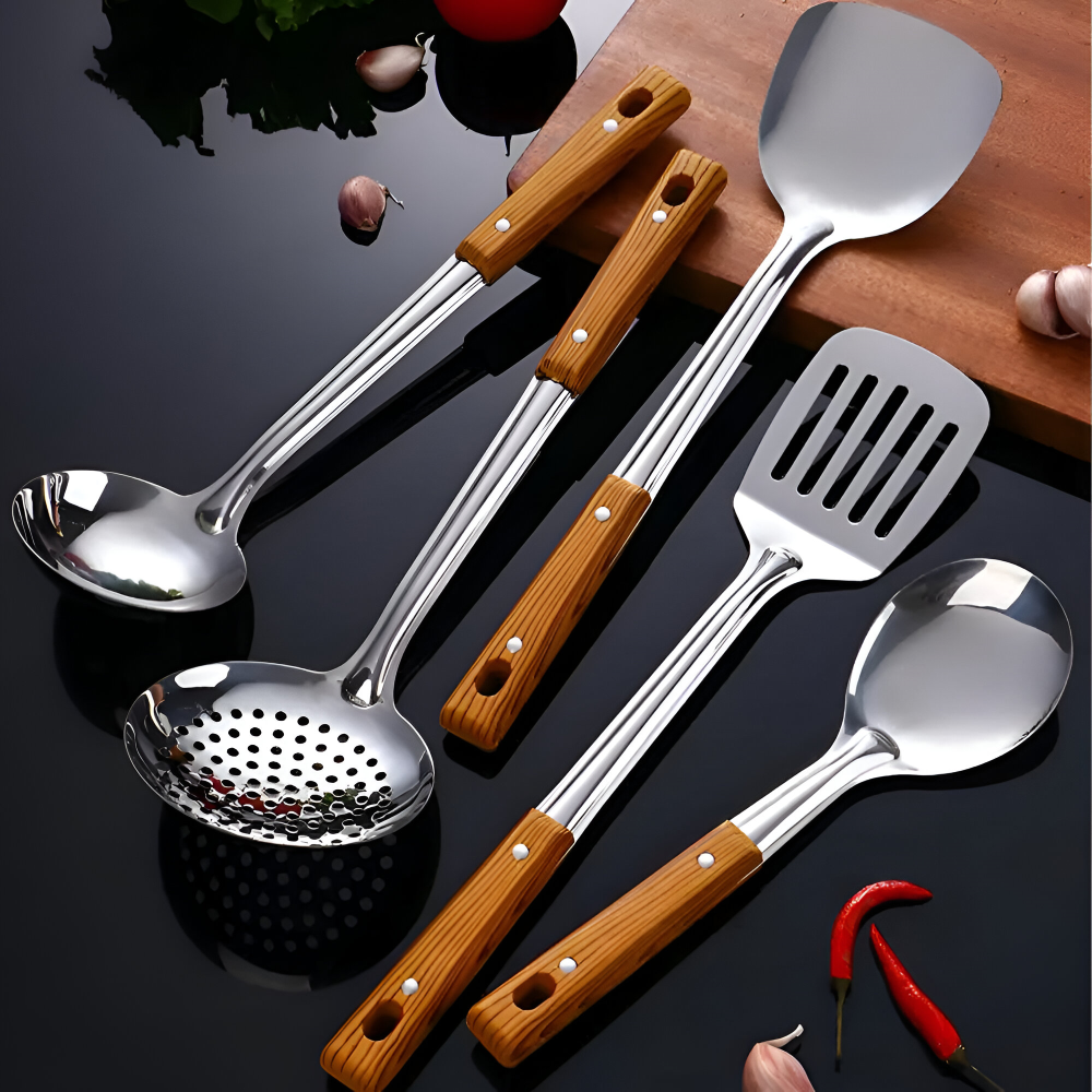 Premium Küchenutensilien Set - Edelstahl, mit Ergonomischen Holzgriffen - 5-teilig, Rostfrei