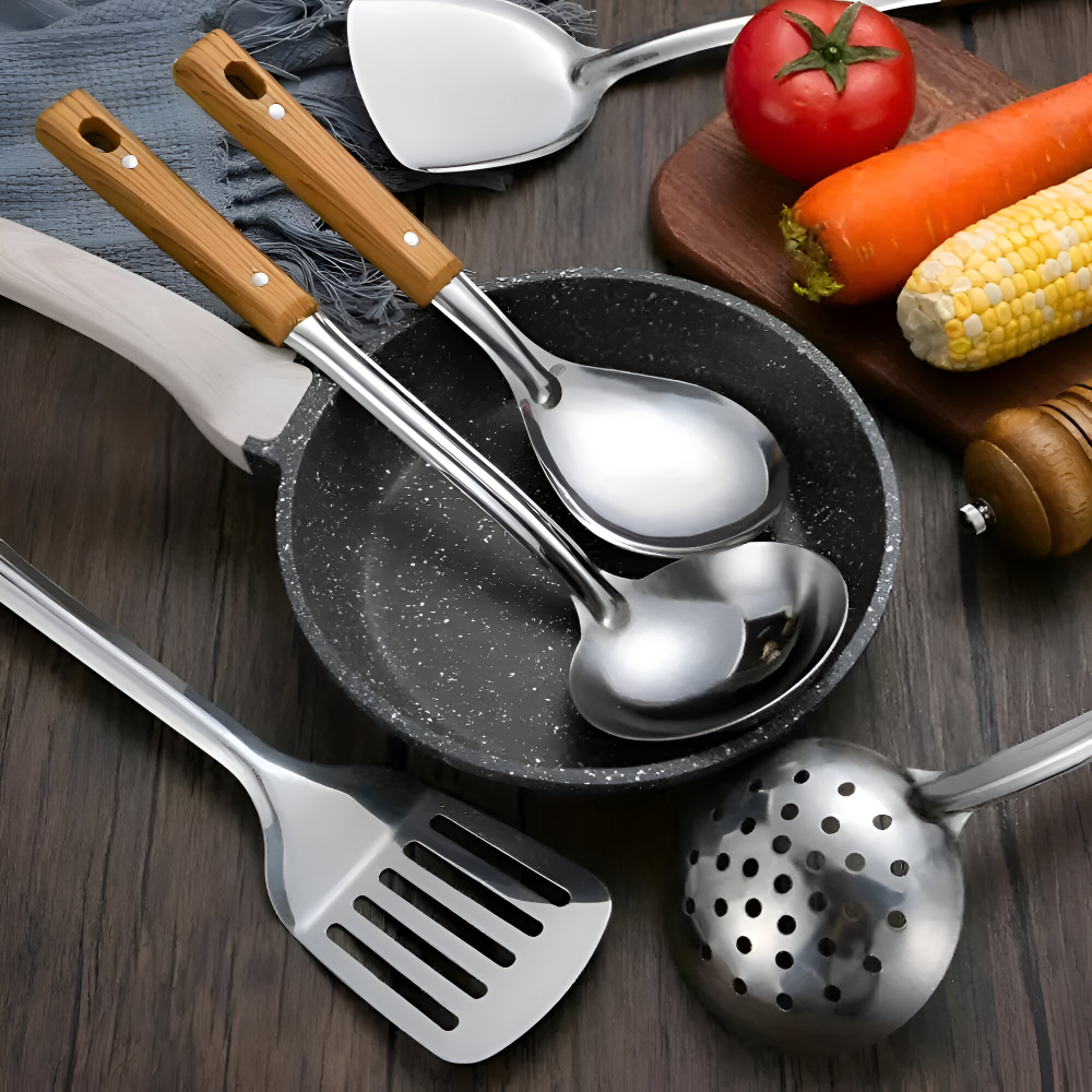 Premium Küchenutensilien Set - Edelstahl, mit Ergonomischen Holzgriffen - 5-teilig, Rostfrei