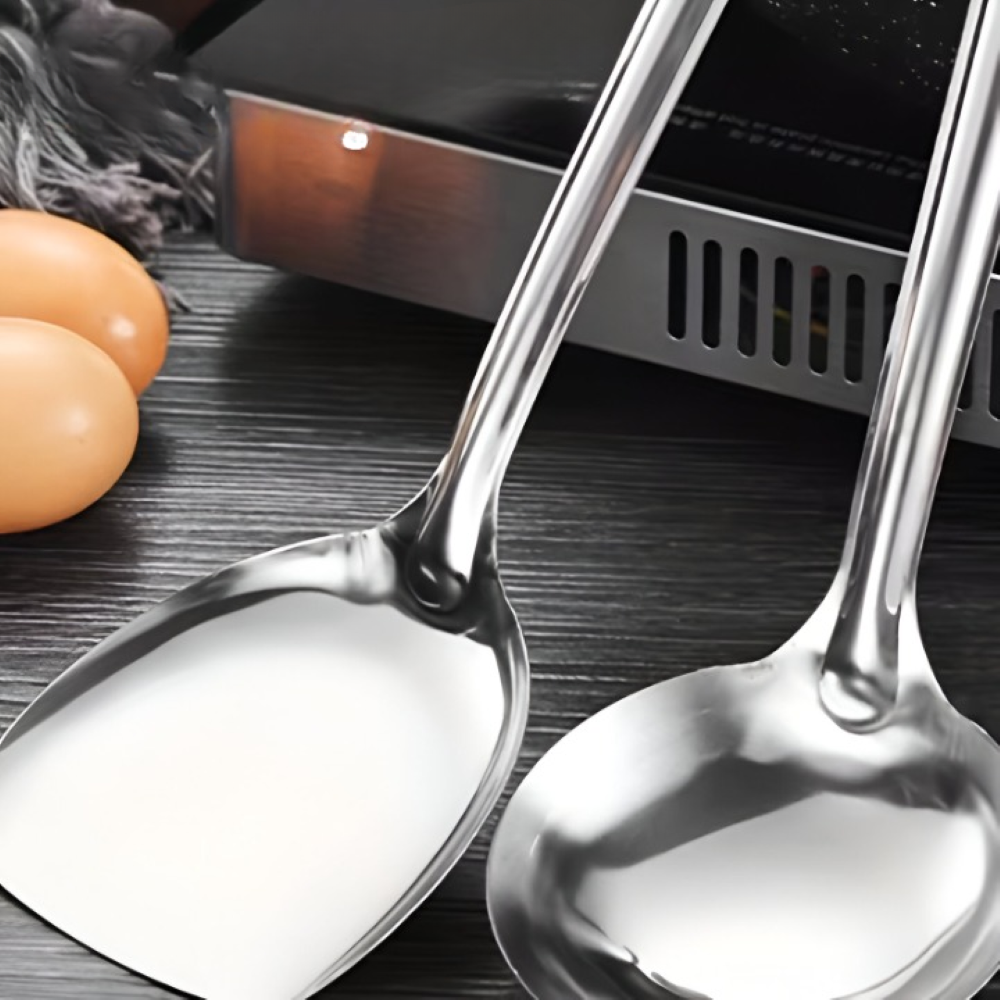 Premium Küchenutensilien Set - Edelstahl, mit Ergonomischen Holzgriffen - 5-teilig, Rostfrei