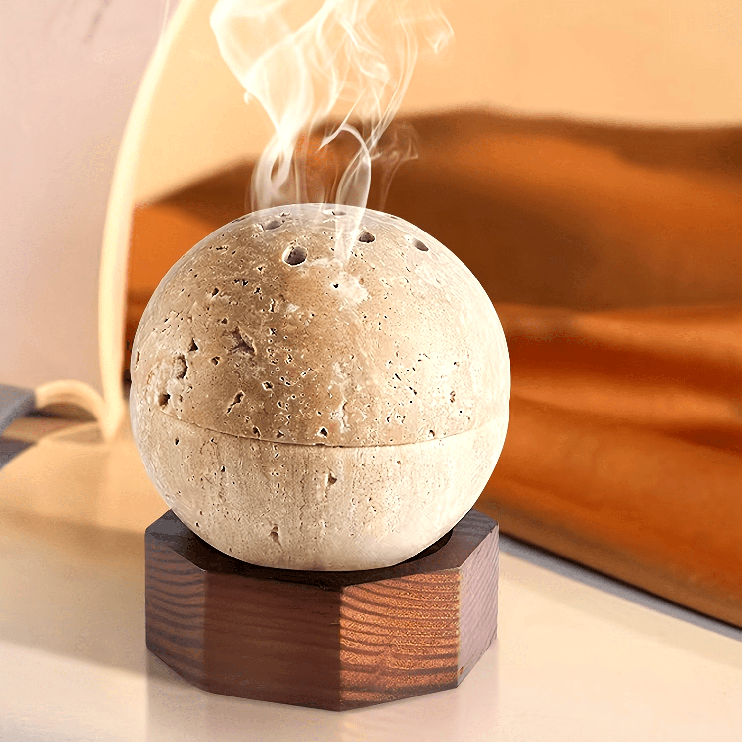 Räucherkegel-Halter aus Travertin & Holz - Handgefertigtes Kugeldesign - Naturstein Räuchergefäß für Meditation & Deko, S/L