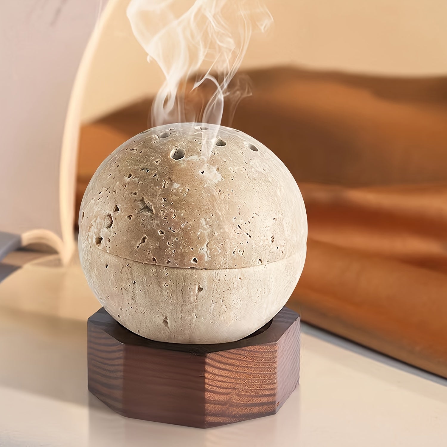 Räucherkegel-Halter aus Travertin & Holz - Handgefertigtes Kugeldesign - Naturstein Räuchergefäß für Meditation & Deko, S/L