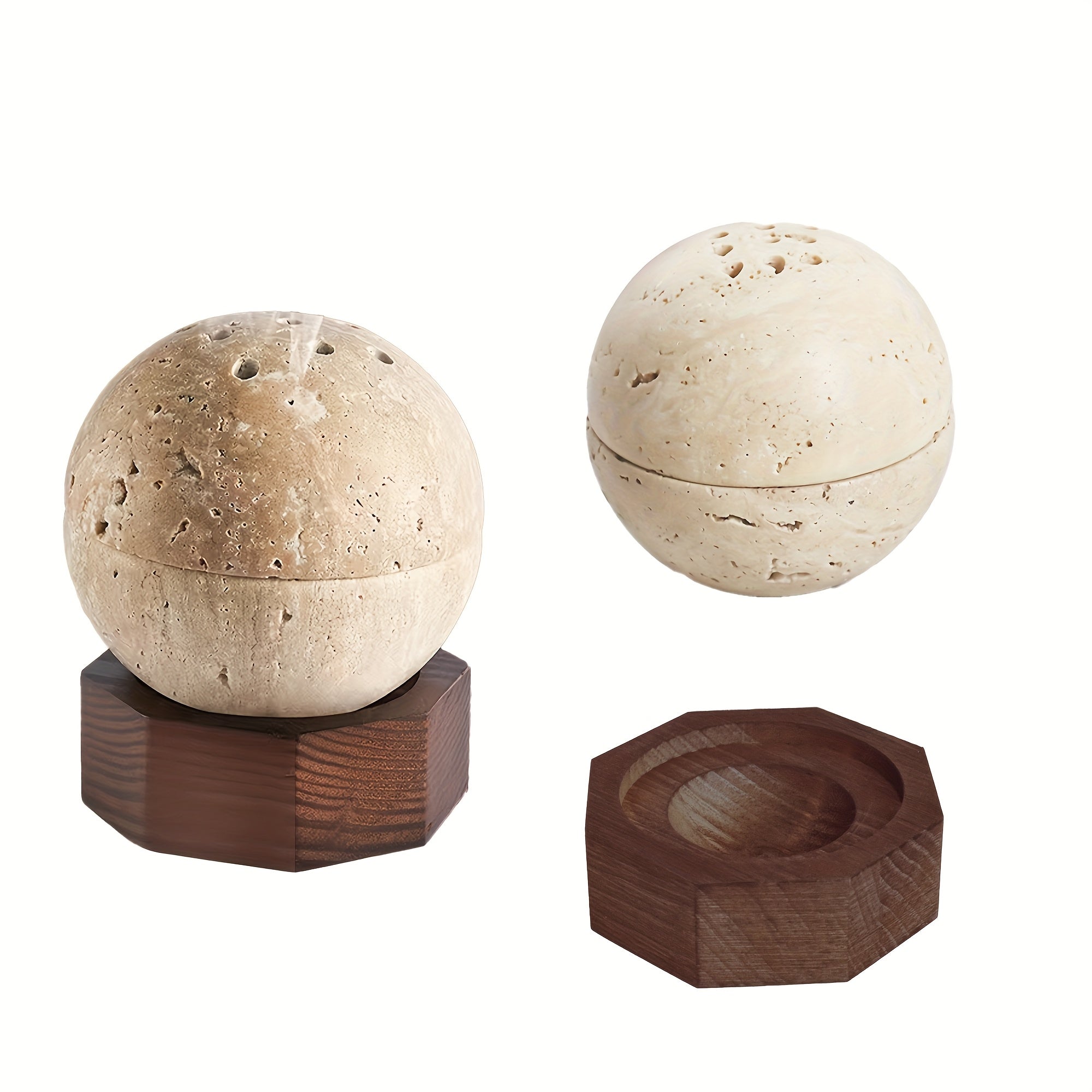 Räucherkegel-Halter aus Travertin & Holz - Handgefertigtes Kugeldesign - Naturstein Räuchergefäß für Meditation & Deko, S/L
