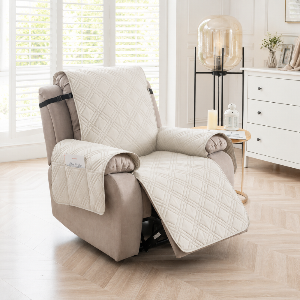 Relaxsessel Schonbezug Wasserdicht & Rutschfest – Gesteppter Sesselschoner mit Taschen für TV-Sessel & Recliner