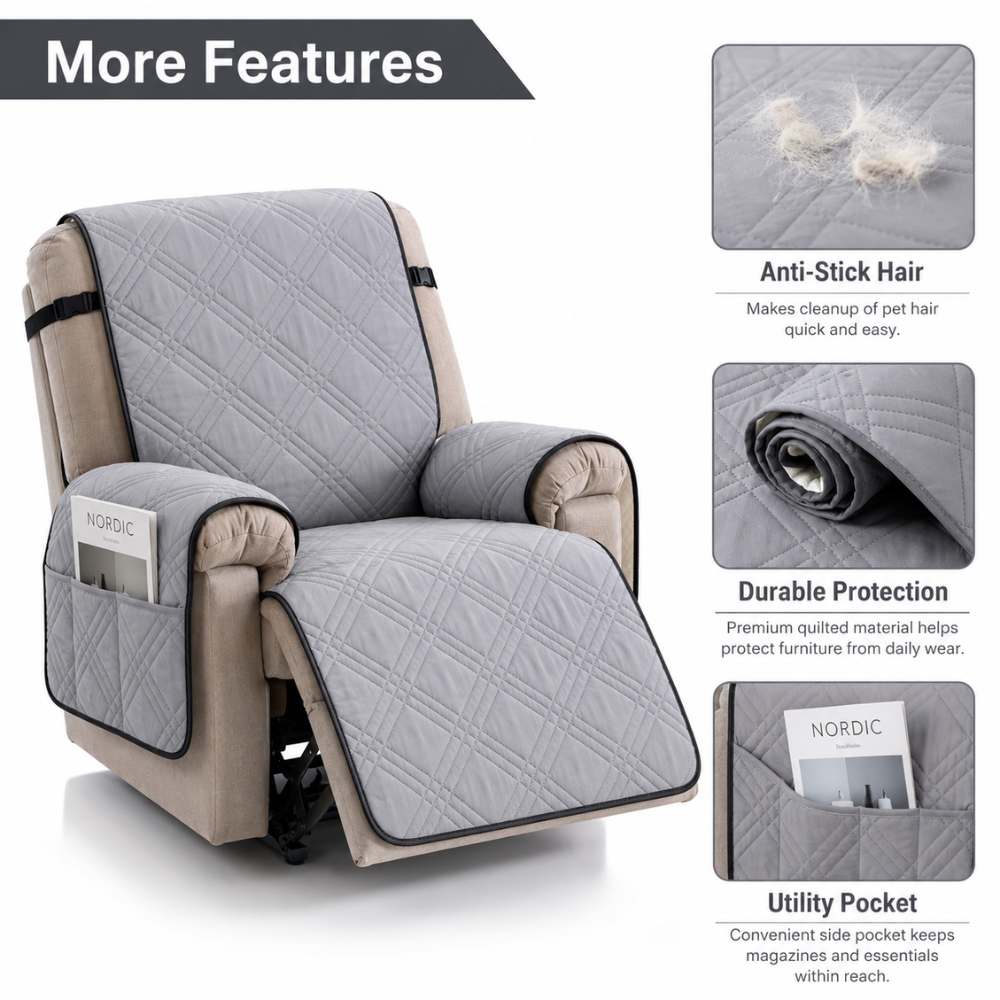 Relaxsessel Schonbezug Wasserdicht & Rutschfest – Gesteppter Sesselschoner mit Taschen für TV-Sessel & Recliner