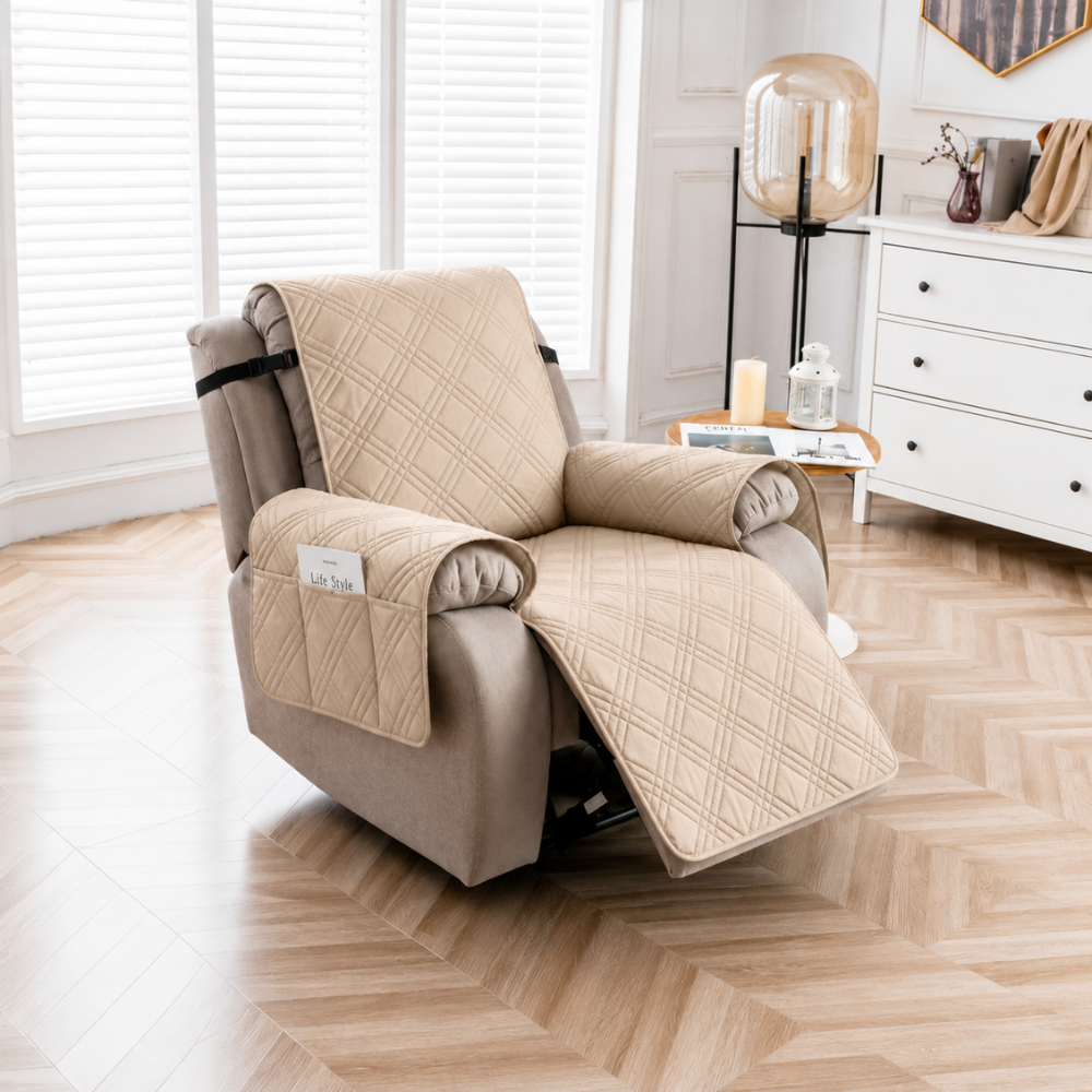 Relaxsessel Schonbezug Wasserdicht & Rutschfest – Gesteppter Sesselschoner mit Taschen für TV-Sessel & Recliner