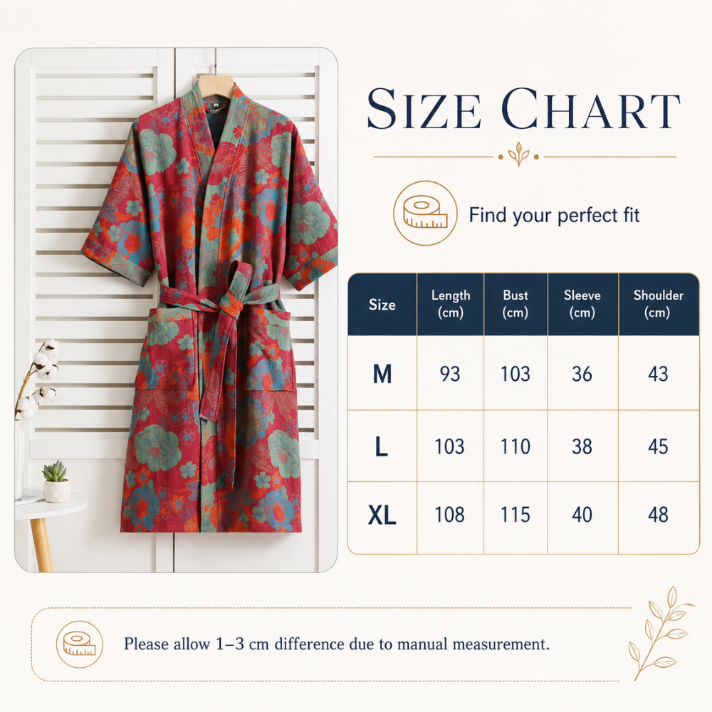 Riona Kimono Morgenmantel Damen - Leichter Baumwoll Bademantel Bedruckt mit Blumenmuster