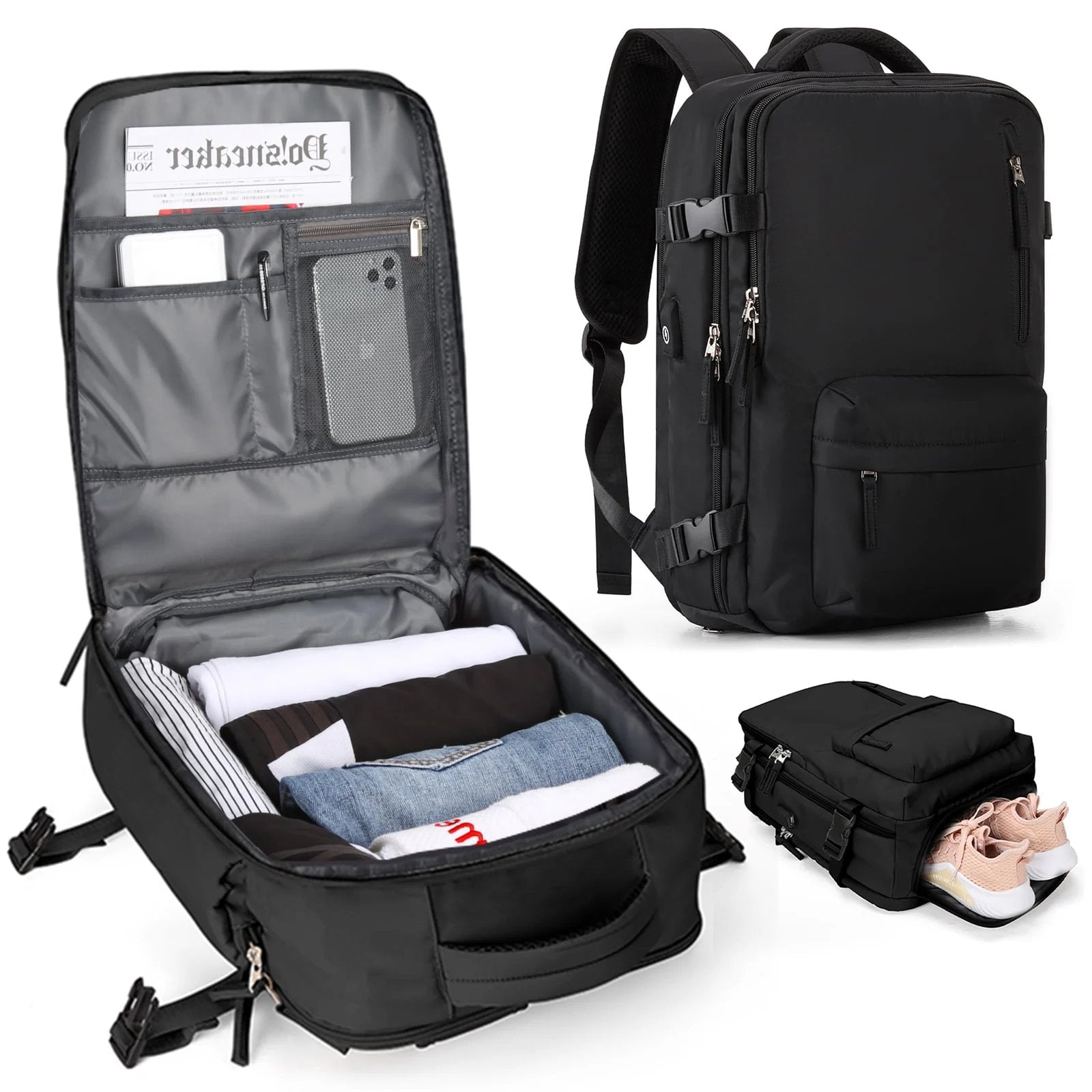 Robuster Wasserfester Rucksack 33x22x47cm - Nylon Schwarz Mit USB-Ladefunktion für Reisen 2