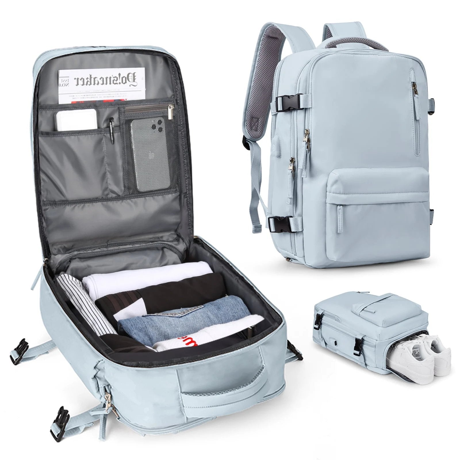 Robuster Wasserfester Rucksack 33x22x47cm - Nylon Schwarz Mit USB-Ladefunktion für Reisen 6