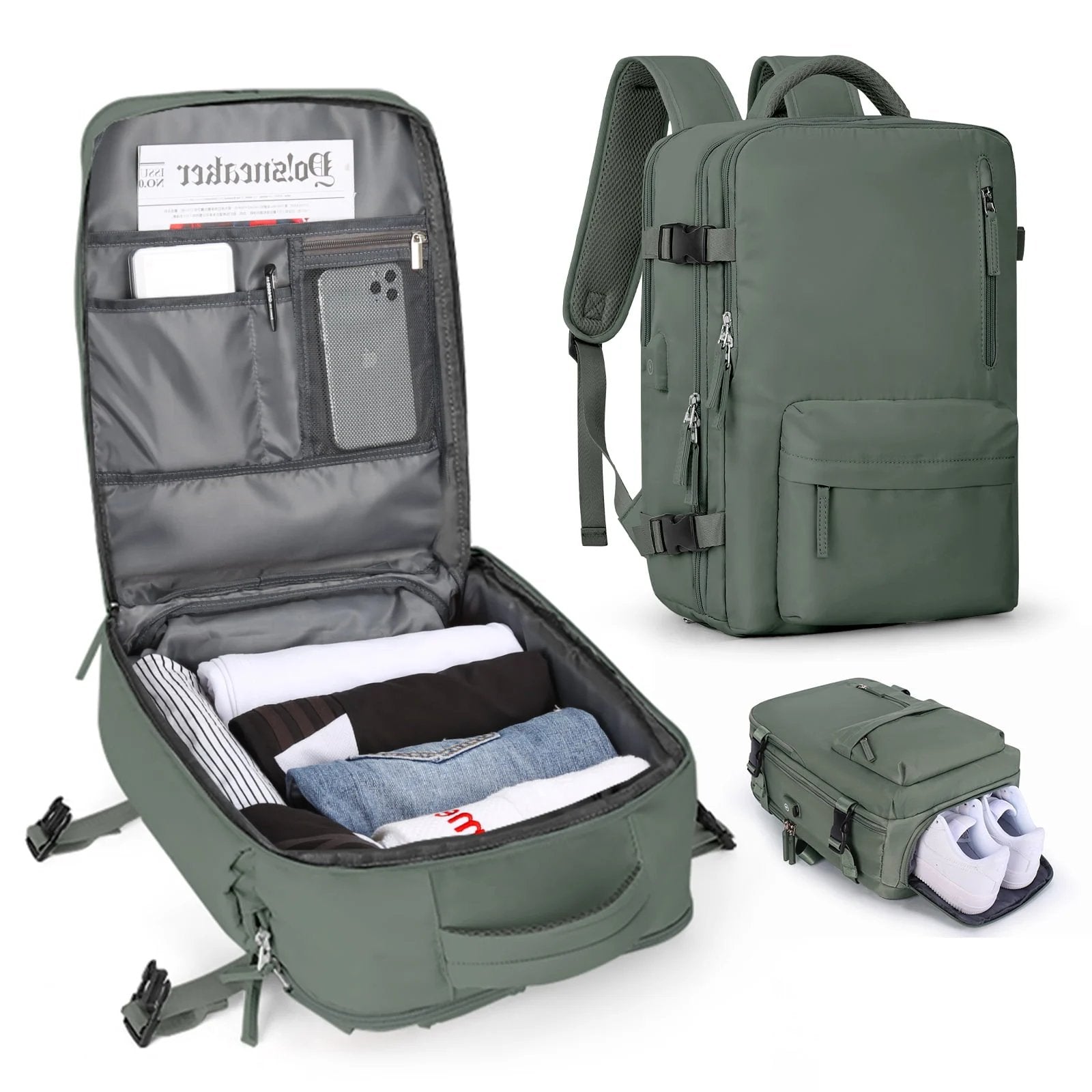 Robuster Wasserfester Rucksack 33x22x47cm - Nylon Schwarz Mit USB-Ladefunktion für Reisen 7