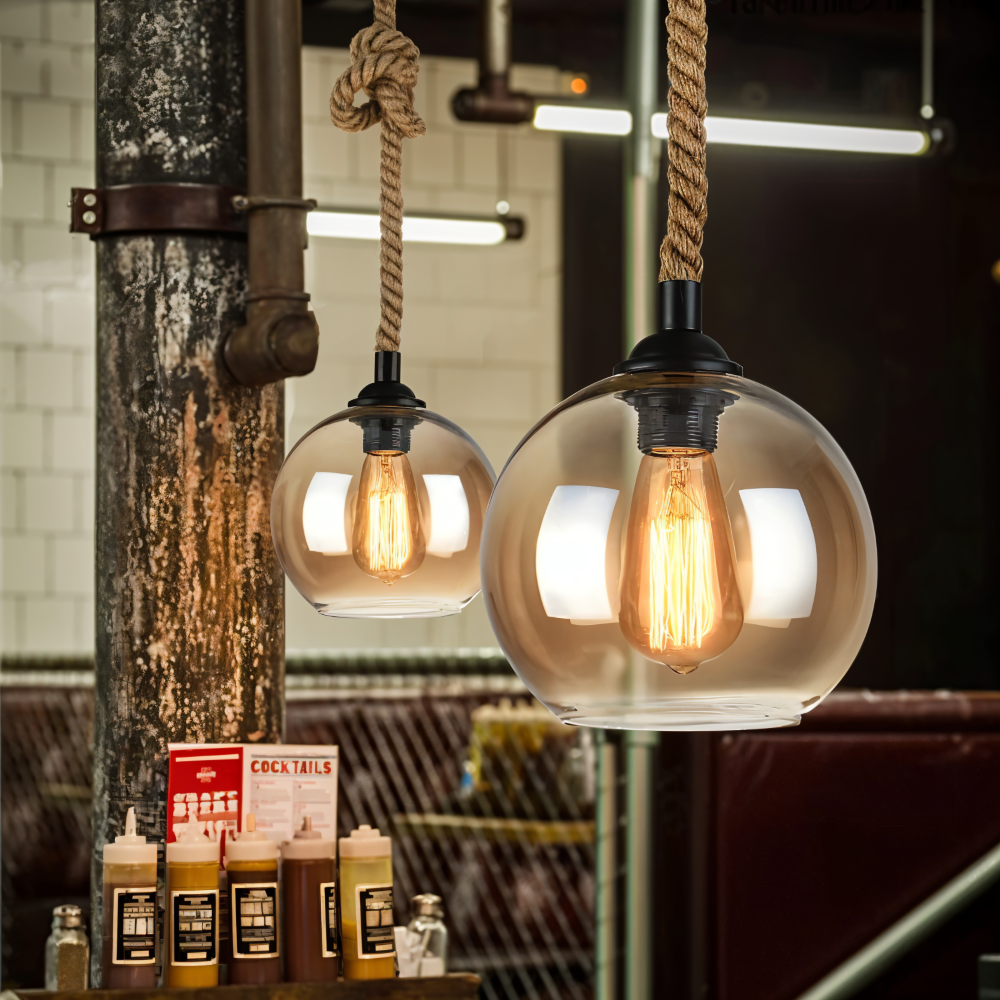 Rustikale OrbLight - Rope Glaskugel Pendelleuchte - Vintage-Hängelampe