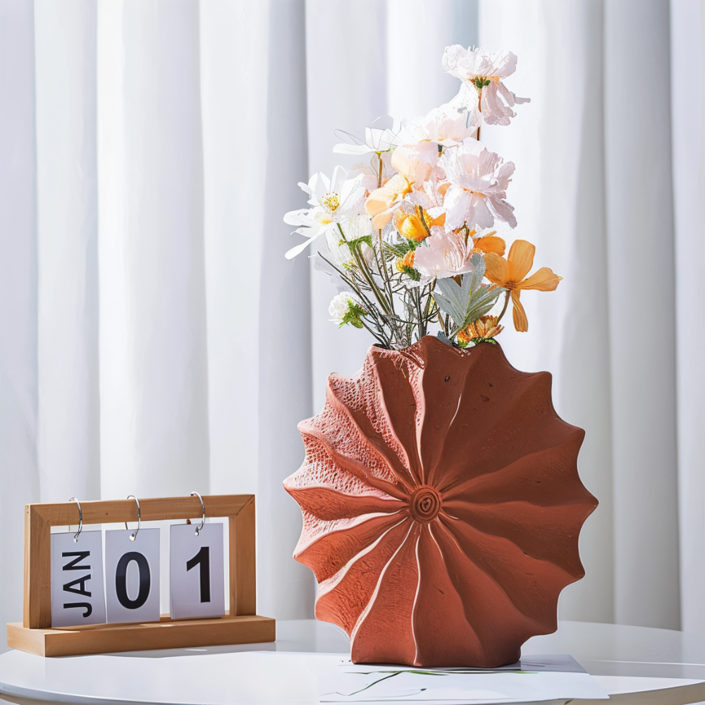 Rustikale Rote Plissiert Keramikvase - Geometrischer Blumentopf aus Terrakotta