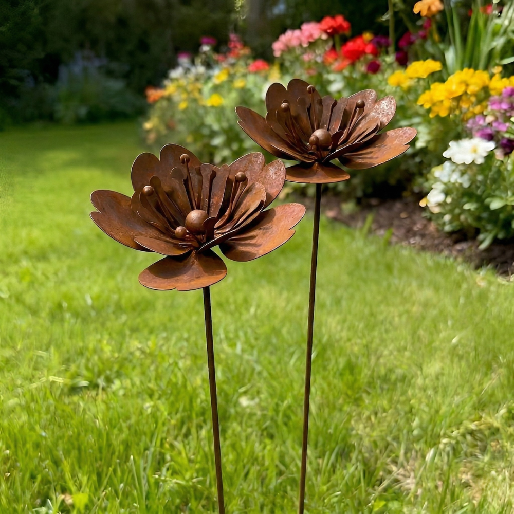 Rustikaler Gartenstecker - Hochwertiger Rost Metall Blume mit Teelicht für Garten Dekor