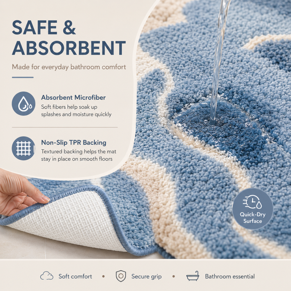 Rutschfeste Badematte Saugfähig – Flauschiger Badteppich im Strand Wellen Design für Badezimmer