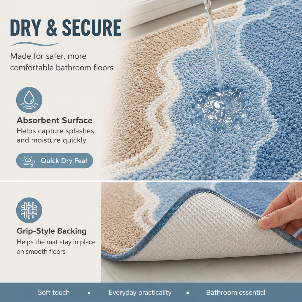 Rutschfeste Badematte Saugfähig – Flauschiger Badteppich im Strand Wellen Design für Badezimmer