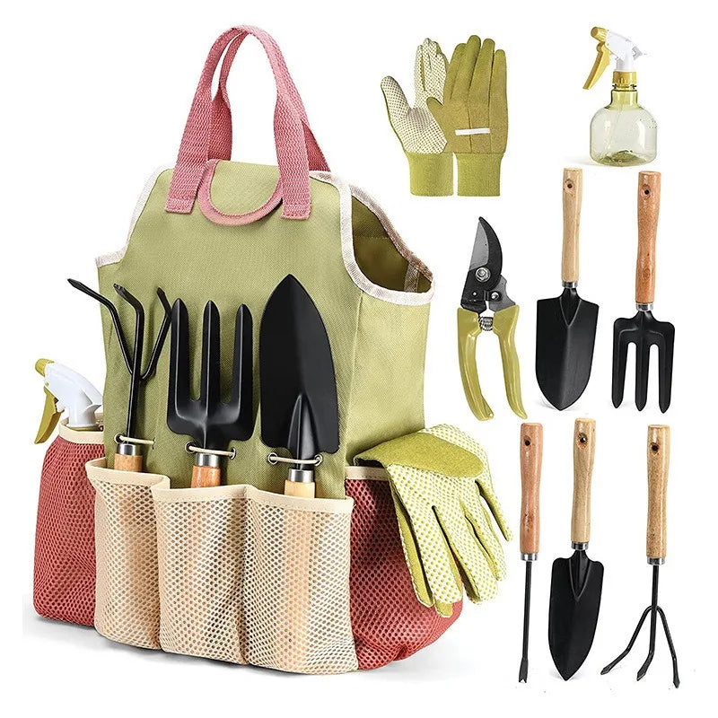 Gartenwerkzeug Set 9-teilig – Garten Handwerkzeug mit Tasche, Handschuhen & Sprühflasche für Pflanzenpflege